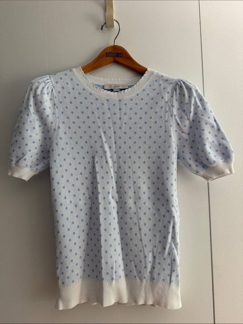 LOFT White Top with Light Blue Polka Dots and Puff Sleeves